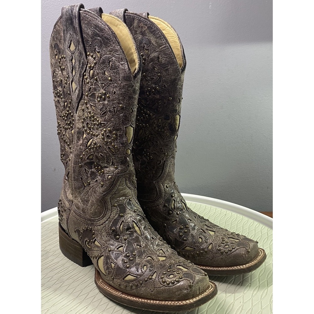Corral Vintage Jessica Western Cowgirl Boots Brown Inlay Leather Studs Sz.5M EUC